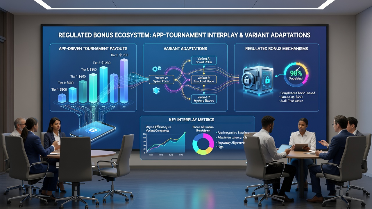 Regulatory compliance dashboard showing variant adaptation metrics and app payout recalibrations for blackjack tournaments