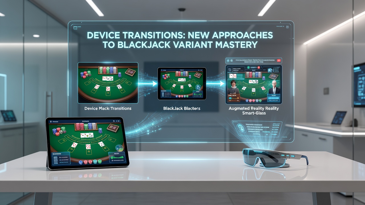 Close-up view of blackjack gameplay transitioning across a tablet and smartphone screen with variant rule overlays