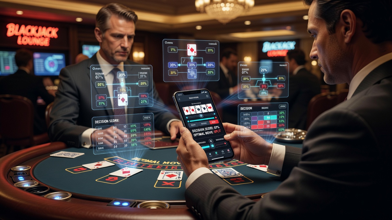 Mobile blackjack app interface showing multiple hands with betting controls and visual cues