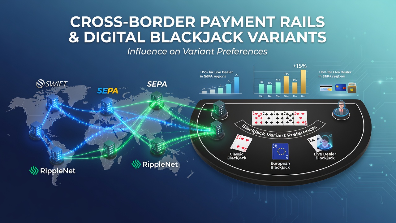 Digital blackjack interface showing cross-border payment options and variant selection screen