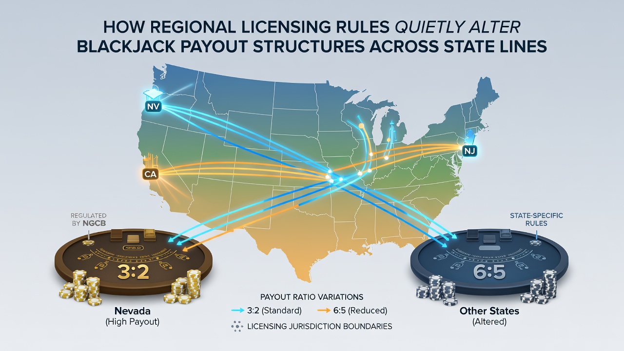 Blackjack table layout showing payout signage differences between state-regulated casinos
