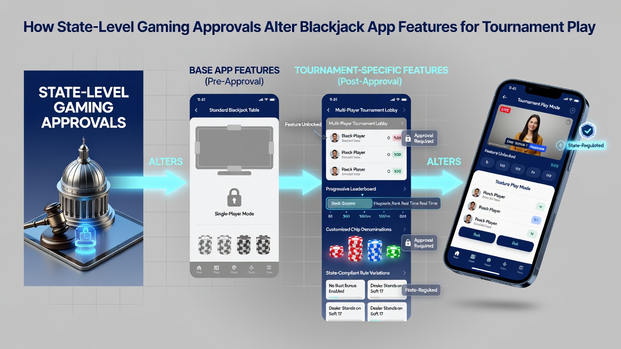 Mobile blackjack tournament screen with state approval indicators and adjusted scoring features