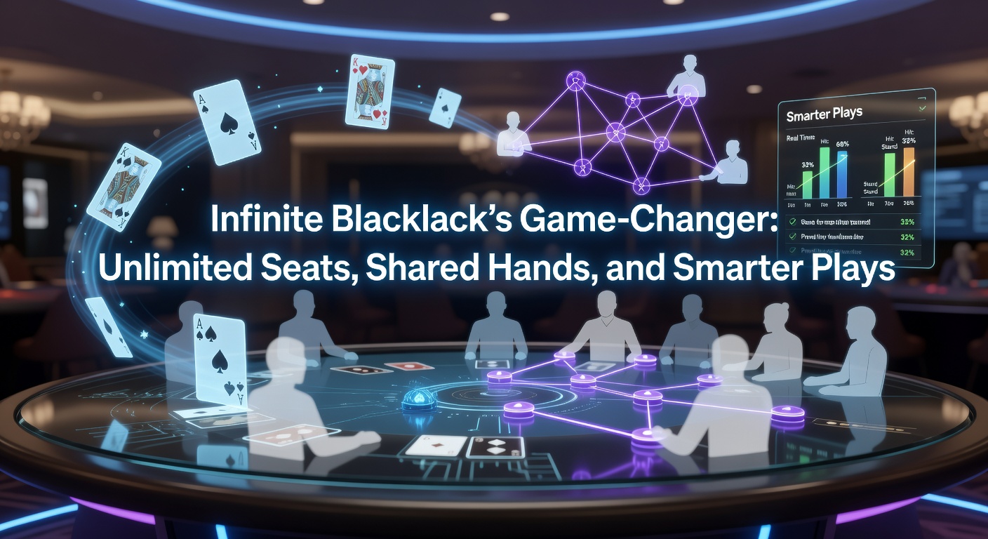 Digital rendering of Infinite Blackjack table with multiple player seats around a shared dealer hand, highlighting unlimited seating feature