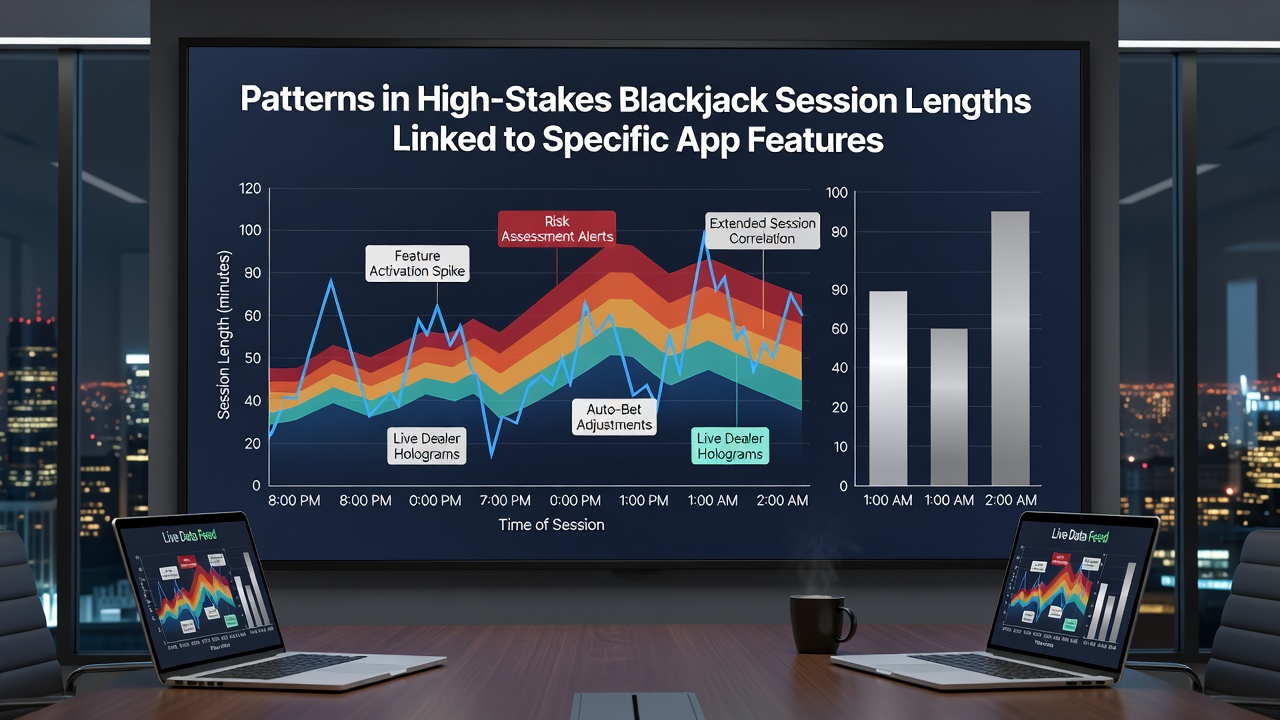 Analytics dashboard displaying blackjack session metrics and app feature usage correlations