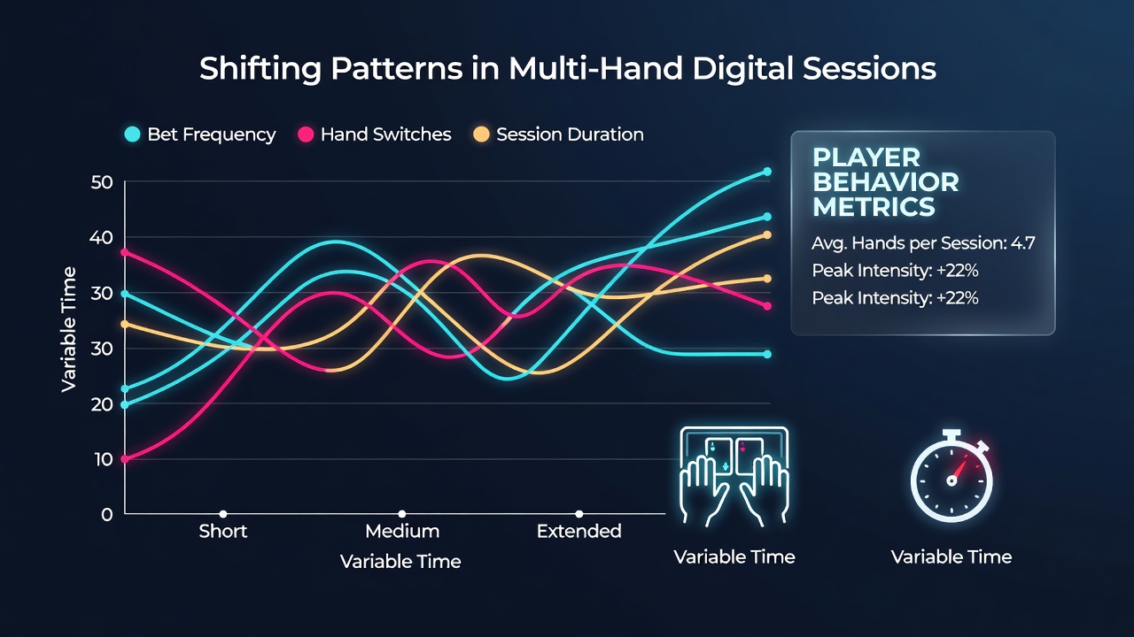 Analytics dashboard displaying player behavior metrics for timed multi-hand sessions