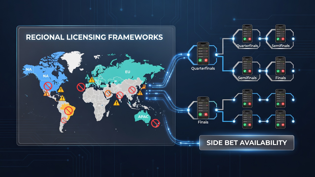 Mobile tournament bracket interface showing restricted side bet selections under different regional rules
