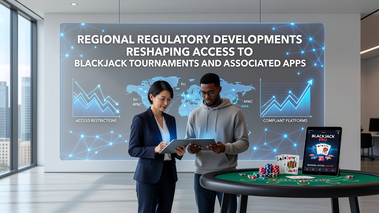 Regulatory documents and mobile devices illustrating changes in blackjack tournament access across regions