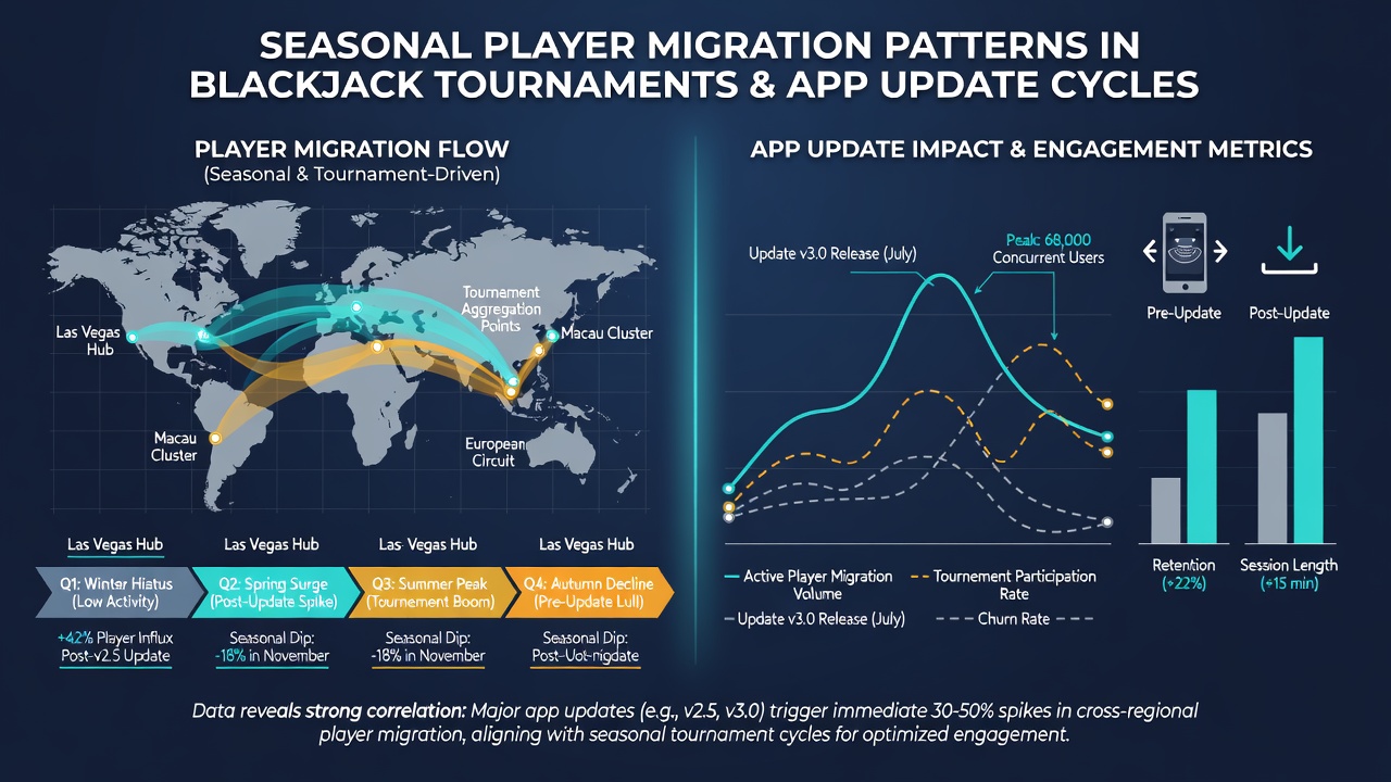 Mobile app interfaces showing blackjack tournament updates and player activity dashboards
