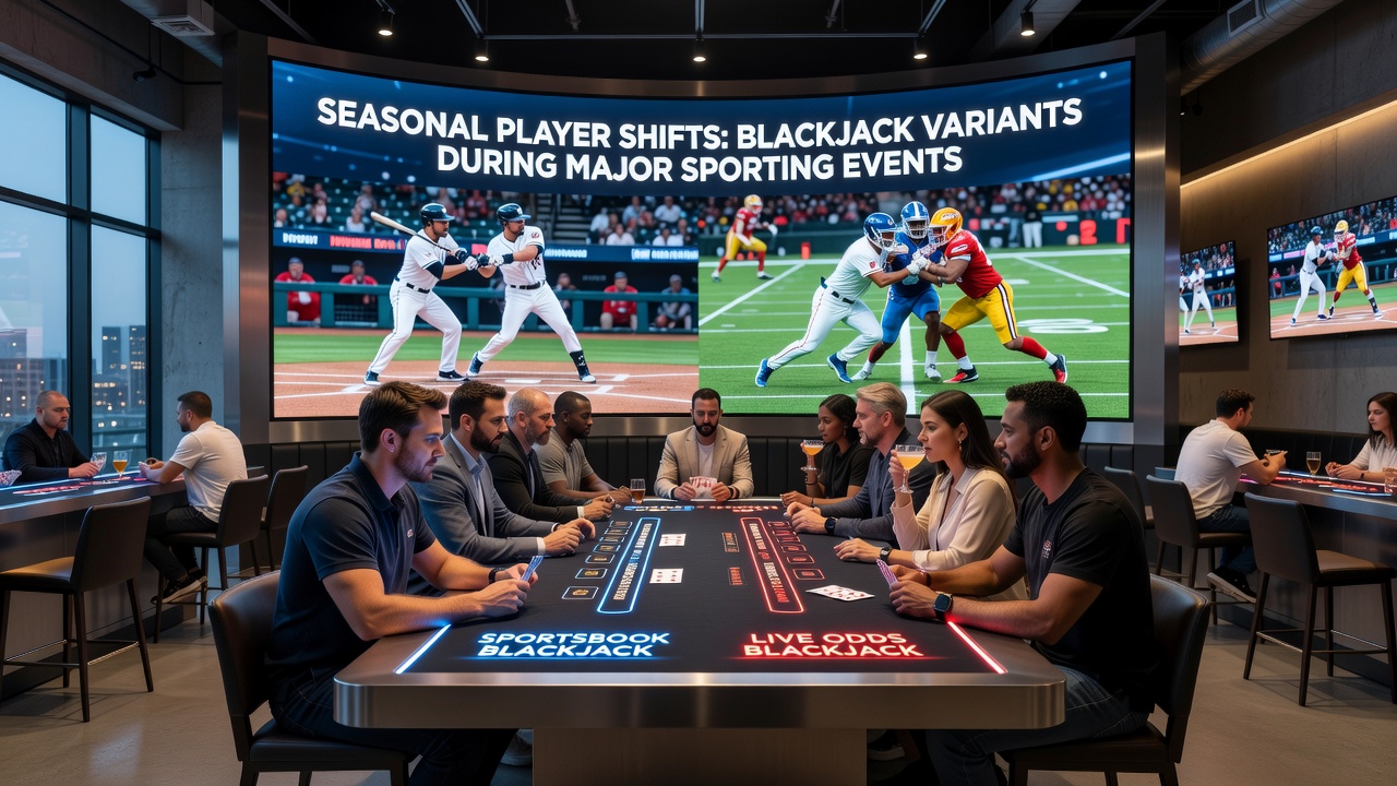 Players gathered around blackjack tables during a major sports event period